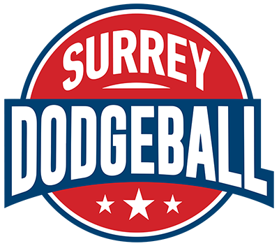 Surrey Dodgeball logo in red and blue, with stars