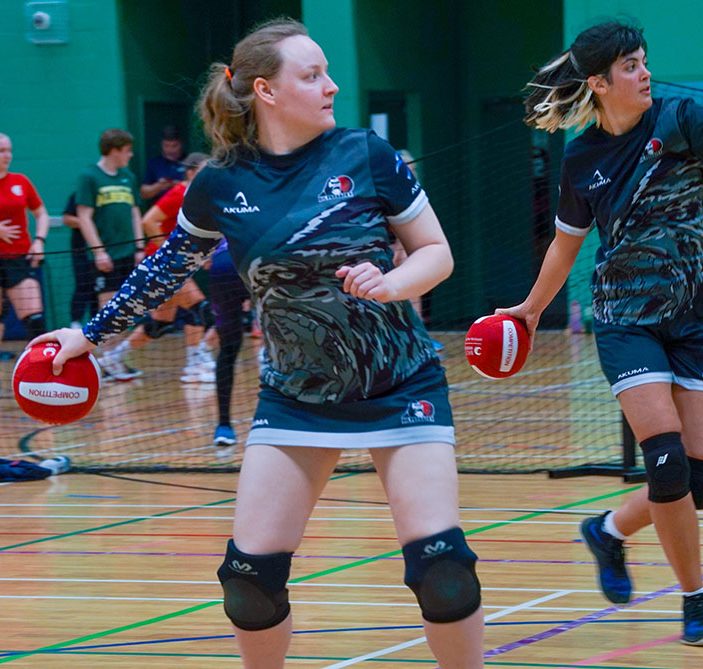 Two females playing at Surrey Dodgeball